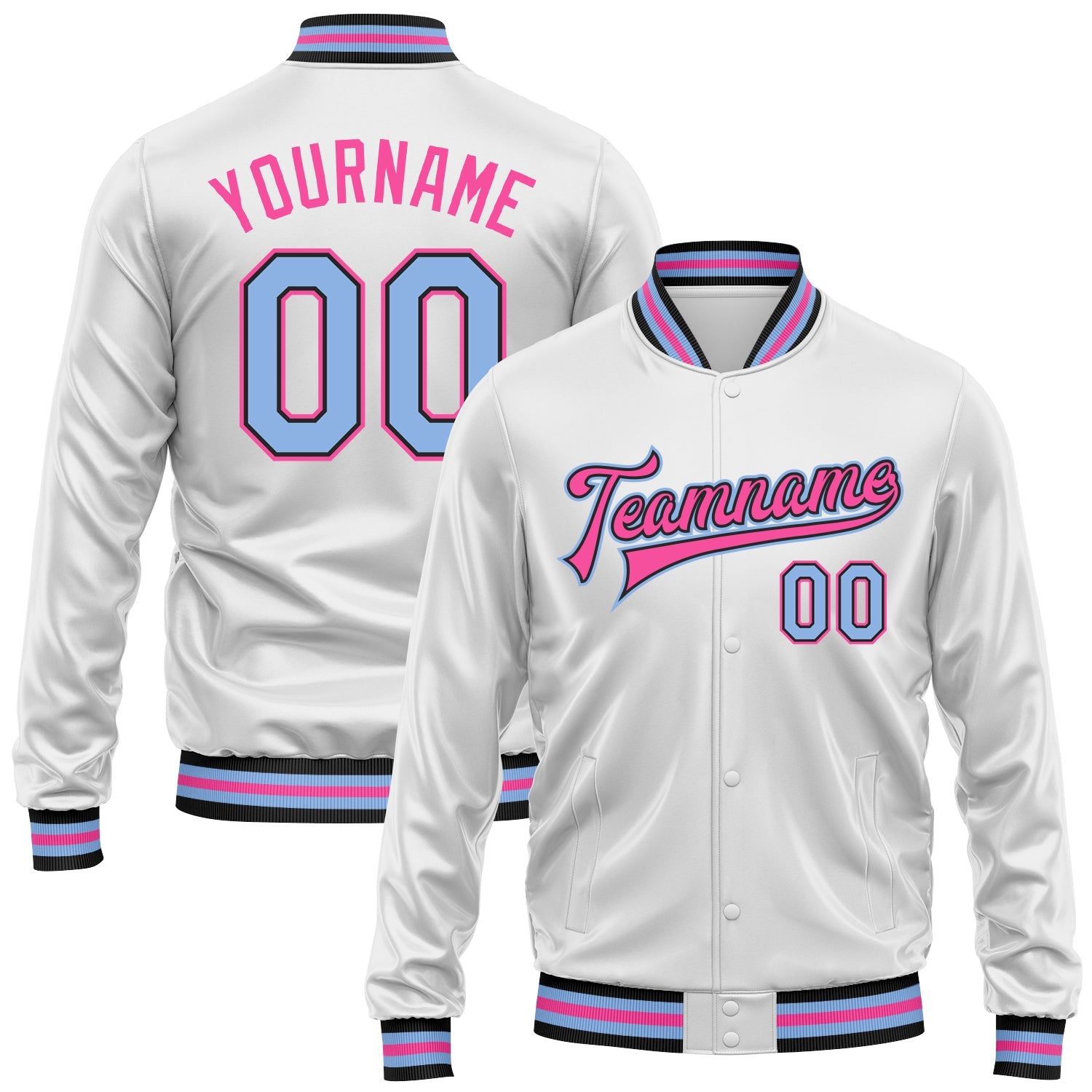 Custom White Light Blue Pink-Black Bomber Full-Snap Varsity Faux Leather Letterman Jacket - Main View