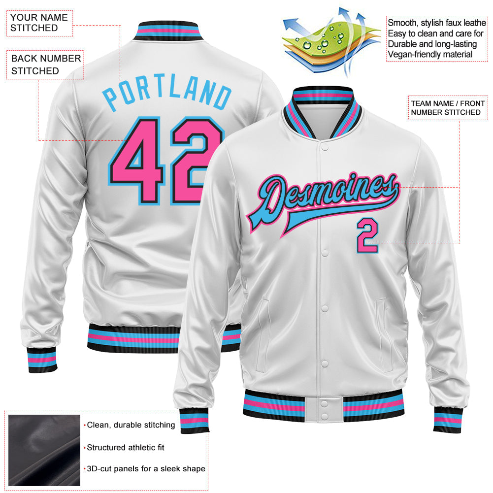 Custom White Pink Sky Blue-Black Bomber Full-Snap Varsity Faux Leather Letterman Jacket view 2
