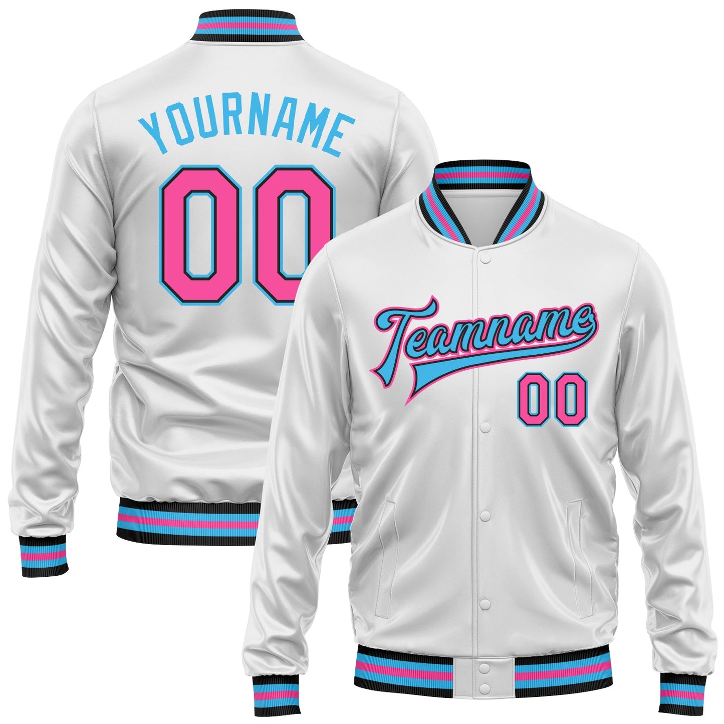Custom White Pink Sky Blue-Black Bomber Full-Snap Varsity Faux Leather Letterman Jacket - Main View