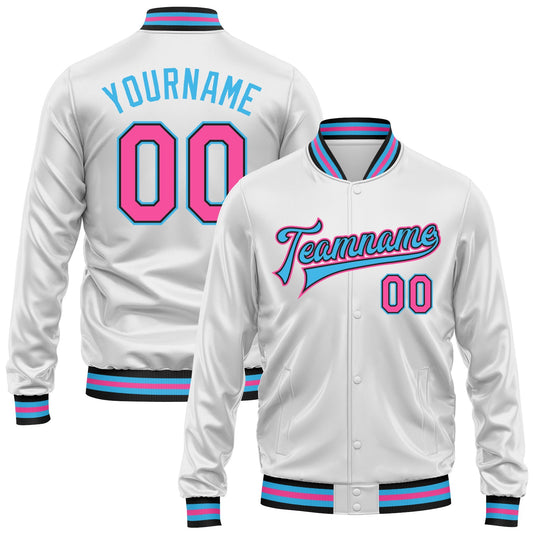 Custom White Pink Sky Blue-Black Bomber Full-Snap Varsity Faux Leather Letterman Jacket - Main View