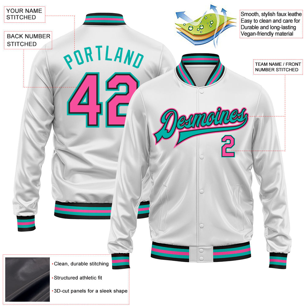 Custom White Pink Aqua-Black Bomber Full-Snap Varsity Faux Leather Letterman Jacket view 2