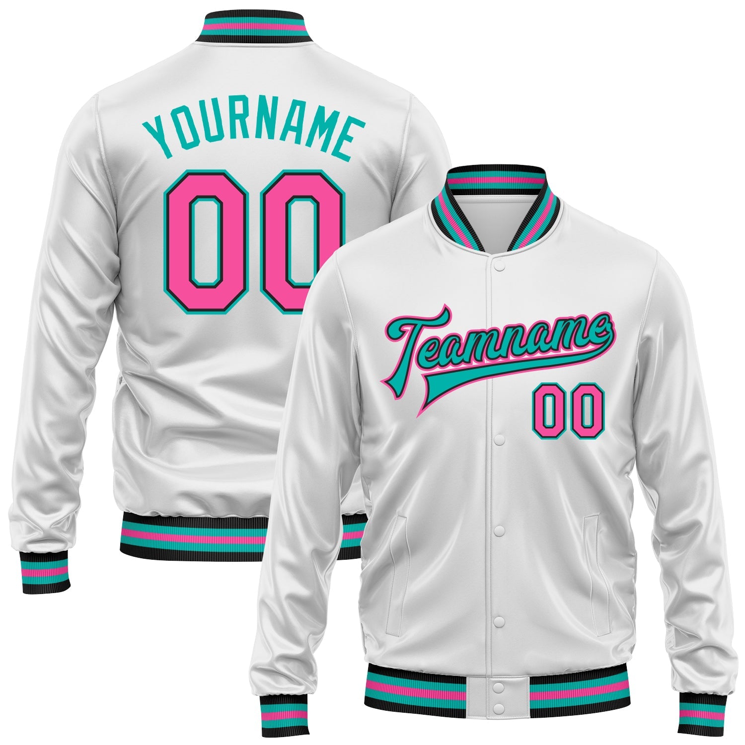 Custom White Pink Aqua-Black Bomber Full-Snap Varsity Faux Leather Letterman Jacket - Main View