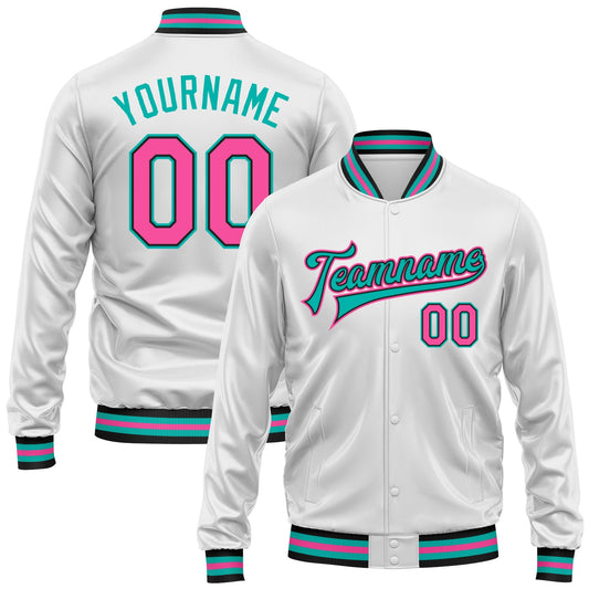 Custom White Pink Aqua-Black Bomber Full-Snap Varsity Faux Leather Letterman Jacket - Main View