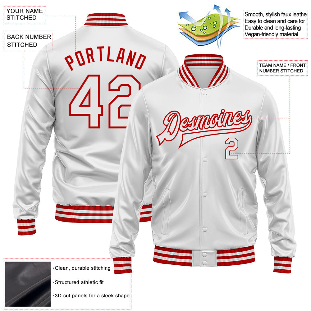 Custom White White-Red Bomber Full-Snap Varsity Faux Leather Letterman Jacket view 2