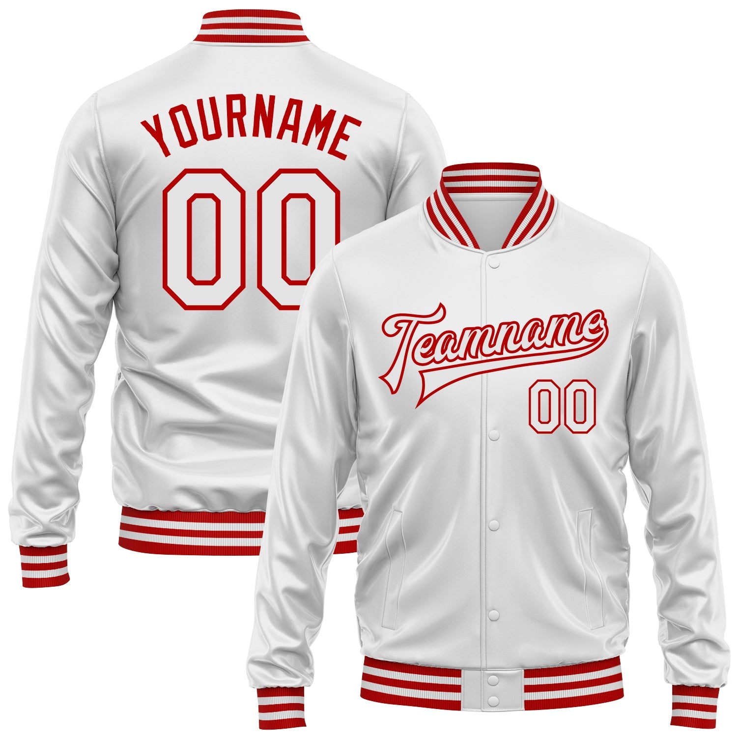 Custom White White-Red Bomber Full-Snap Varsity Faux Leather Letterman Jacket - Main View