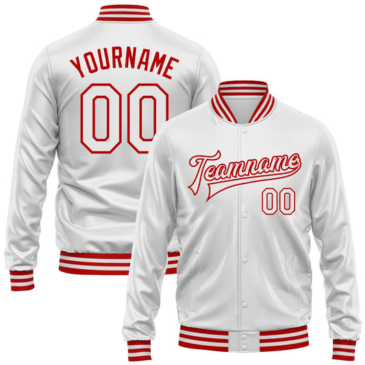 Custom White White-Red Bomber Full-Snap Varsity Faux Leather Letterman Jacket - Main View