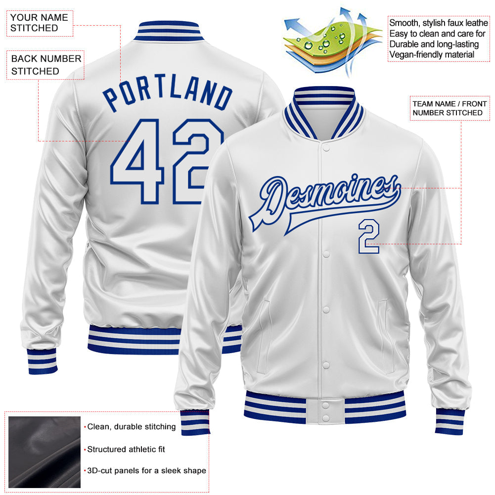 Custom White White-Royal Bomber Full-Snap Varsity Faux Leather Letterman Jacket view 2
