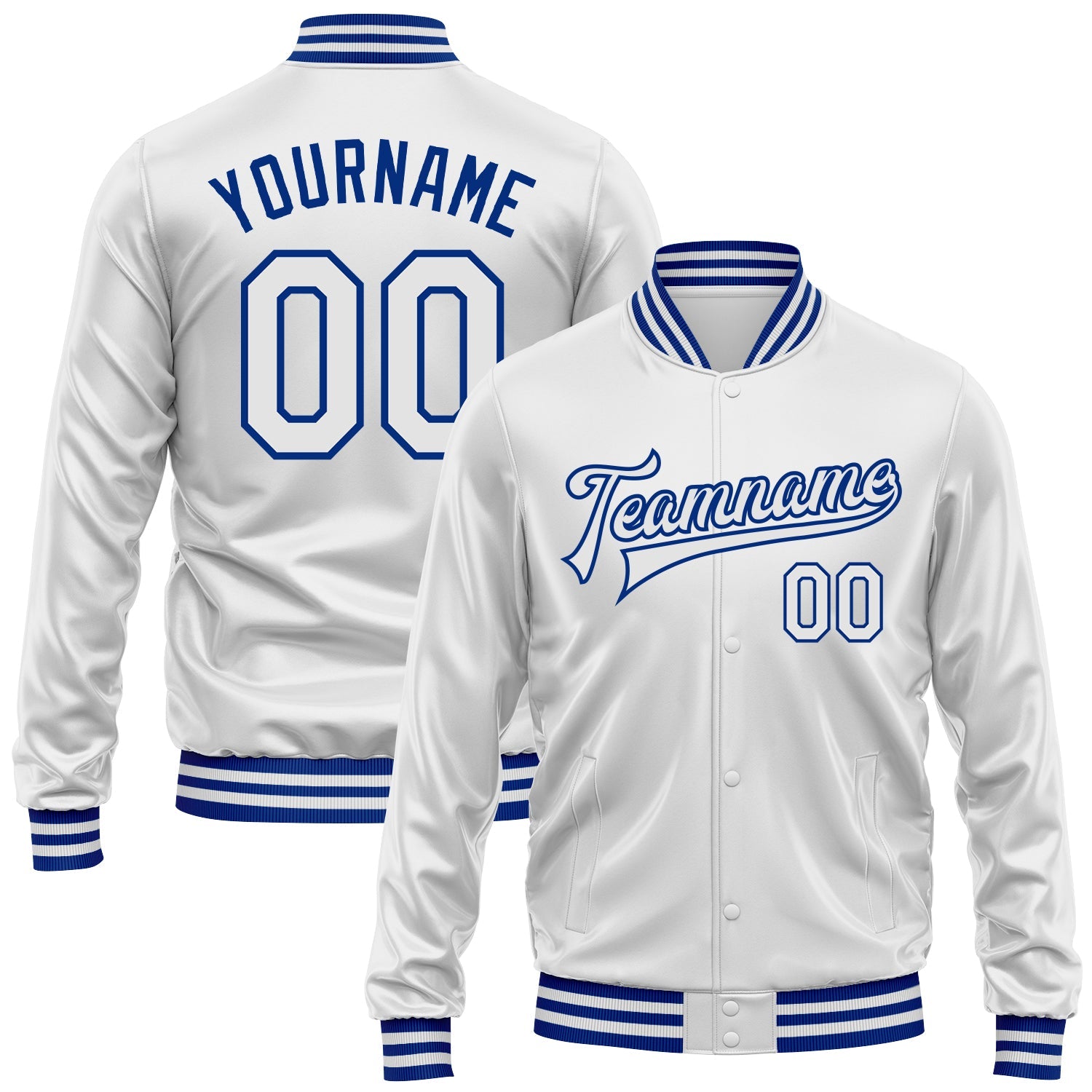 Custom White White-Royal Bomber Full-Snap Varsity Faux Leather Letterman Jacket - Main View