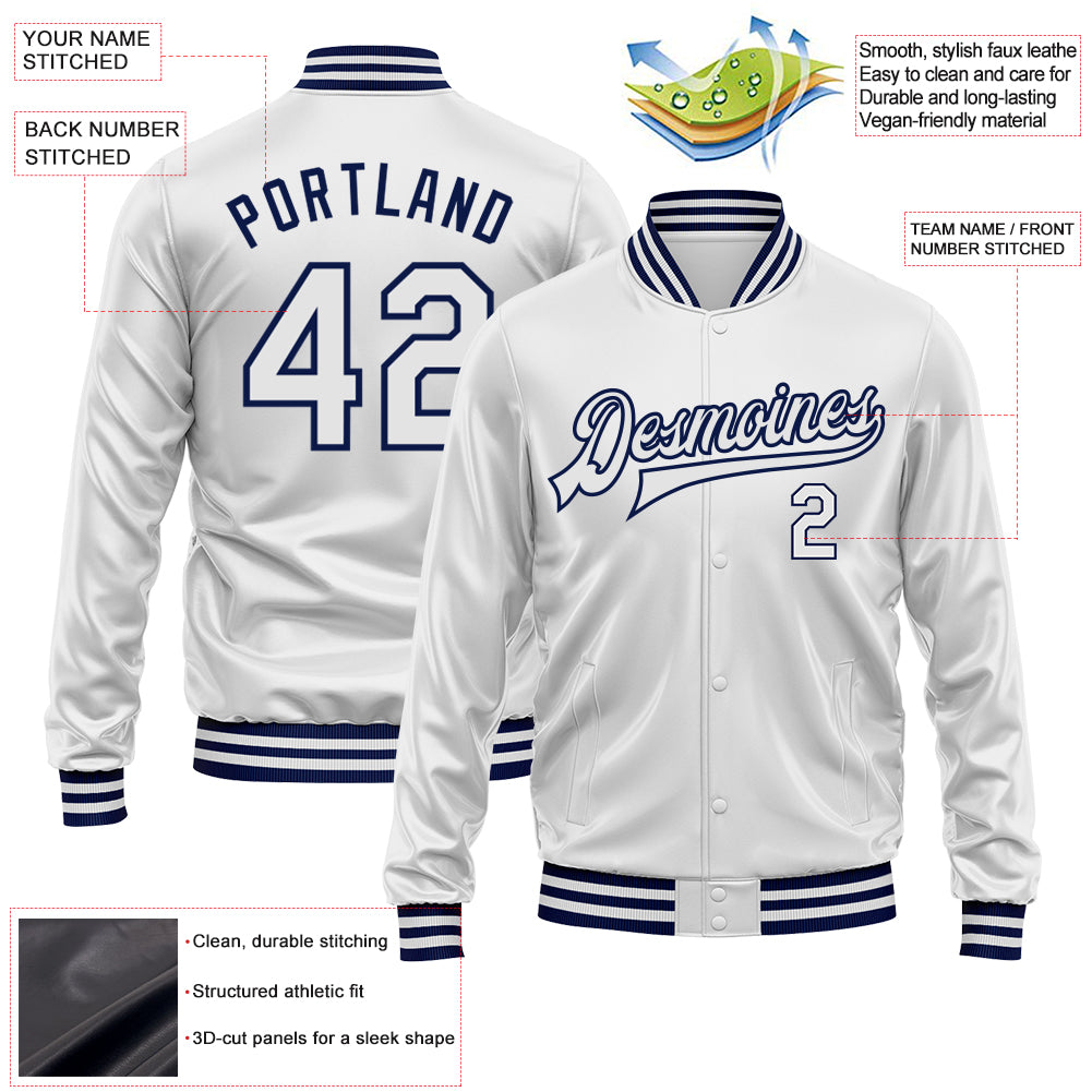Custom White White-Navy Bomber Full-Snap Varsity Faux Leather Letterman Jacket view 2