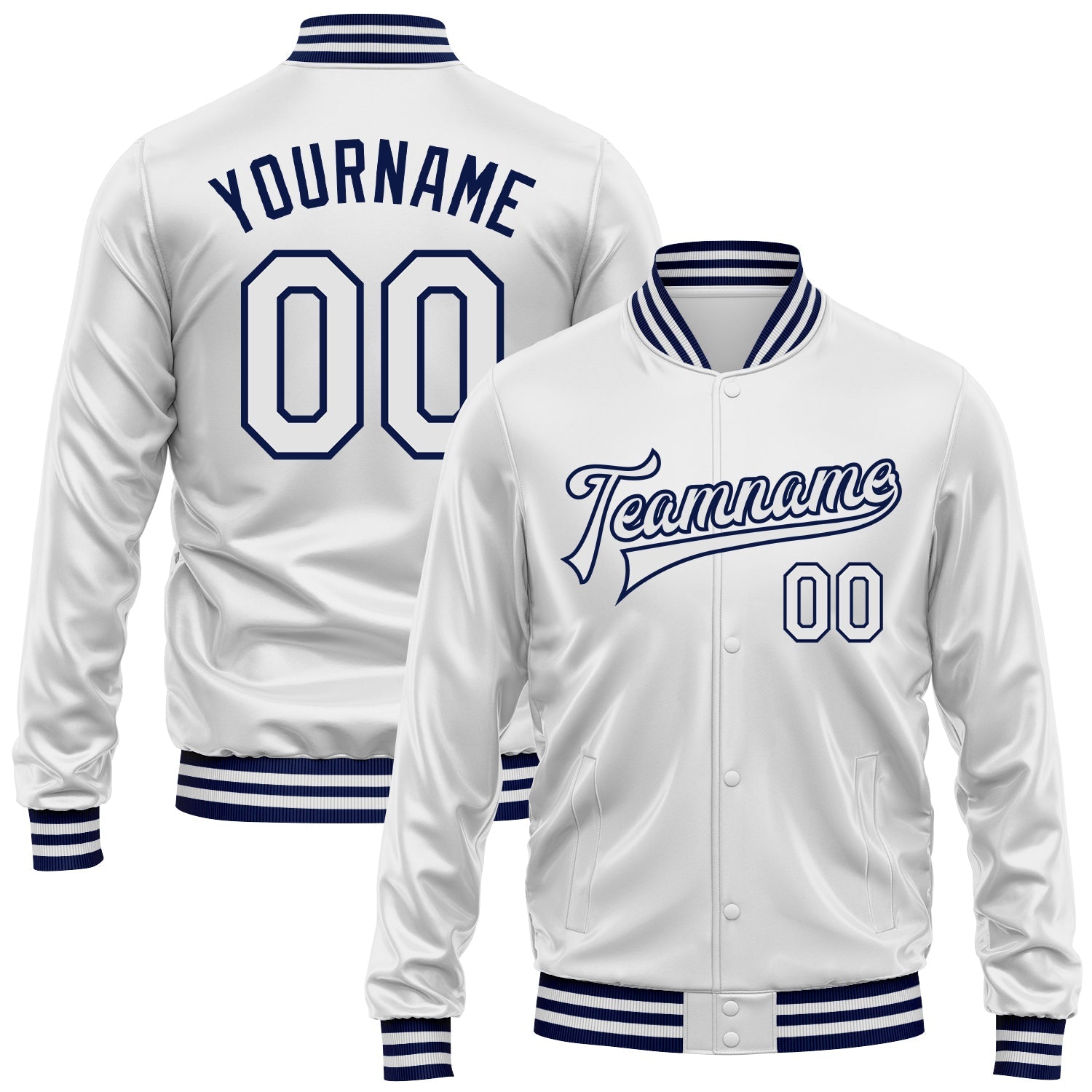 Custom White White-Navy Bomber Full-Snap Varsity Faux Leather Letterman Jacket - Main View