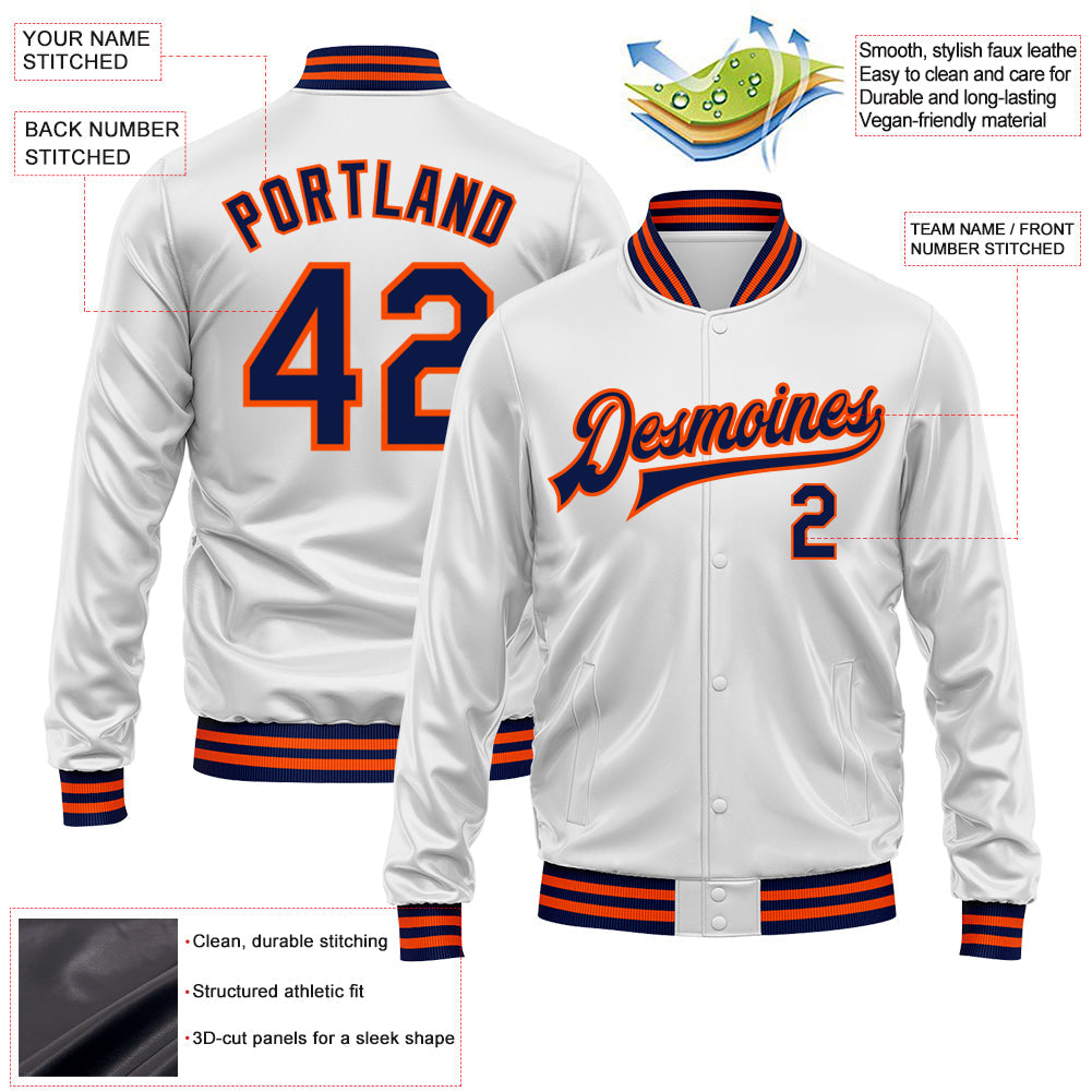 Custom White Navy-Orange Bomber Full-Snap Varsity Faux Leather Letterman Jacket view 2