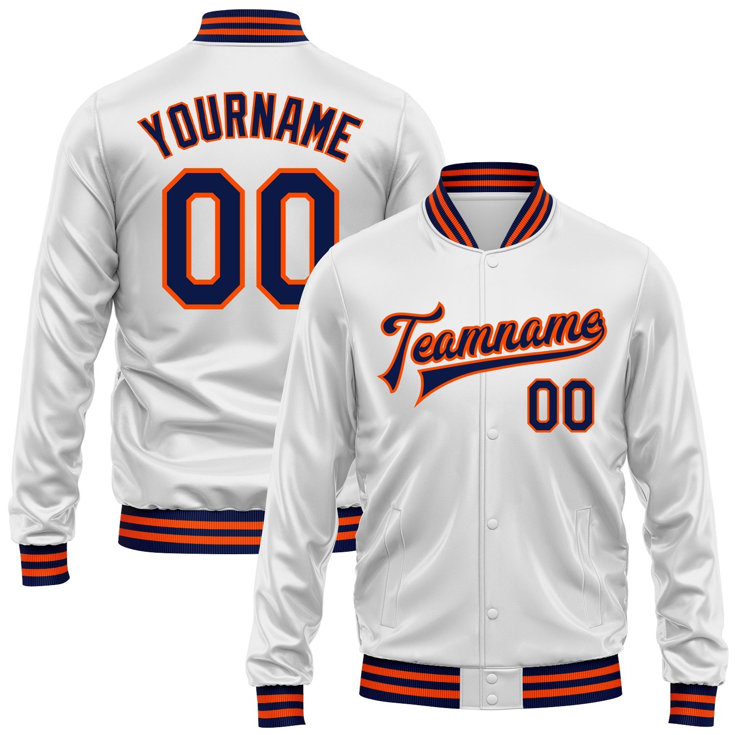 Custom White Navy-Orange Bomber Full-Snap Varsity Faux Leather Letterman Jacket - Main View