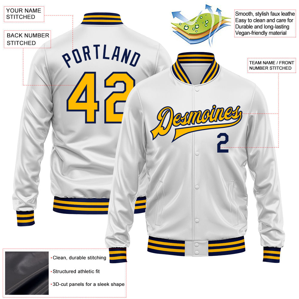 Custom White Gold-Navy Bomber Full-Snap Varsity Faux Leather Letterman Jacket view 2