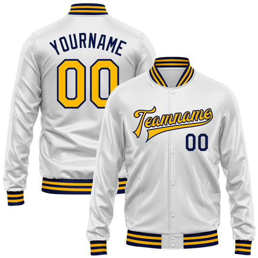 Custom White Gold-Navy Bomber Full-Snap Varsity Faux Leather Letterman Jacket - Main View