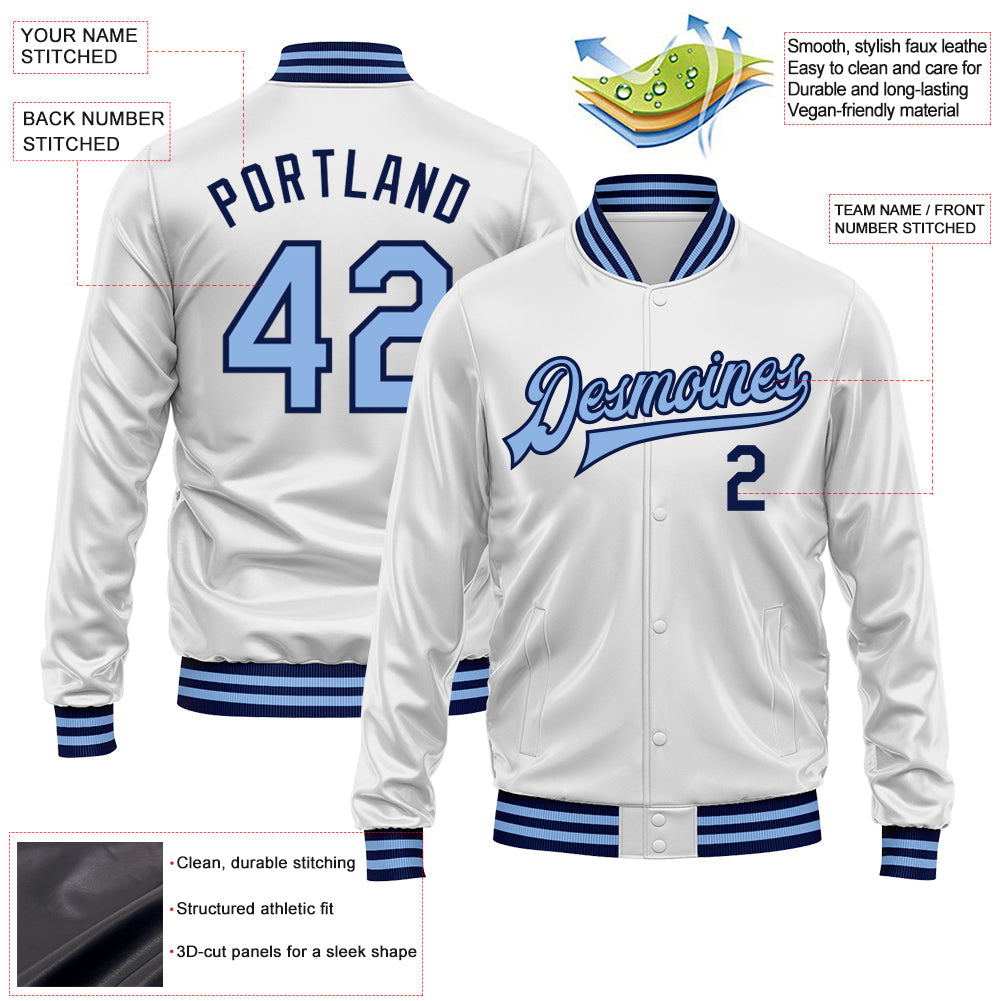 Custom White Light Blue-Navy Bomber Full-Snap Varsity Faux Leather Letterman Jacket view 2