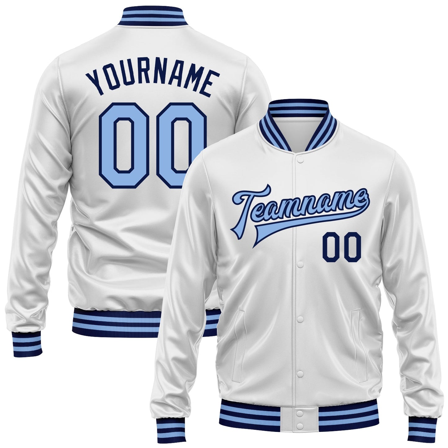Custom White Light Blue-Navy Bomber Full-Snap Varsity Faux Leather Letterman Jacket - Main View