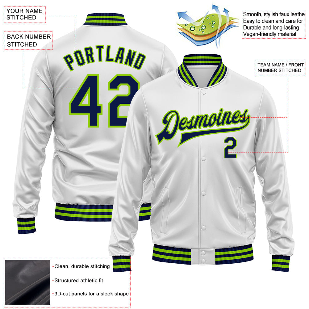 Custom White Navy-Neon Green Bomber Full-Snap Varsity Faux Leather Letterman Jacket view 2