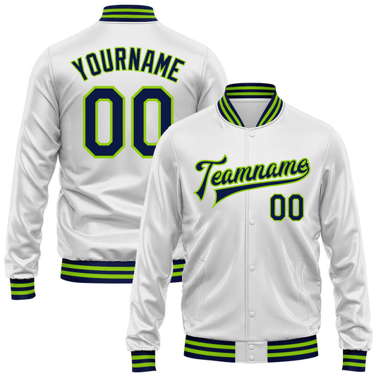 Custom White Navy-Neon Green Bomber Full-Snap Varsity Faux Leather Letterman Jacket - Main View