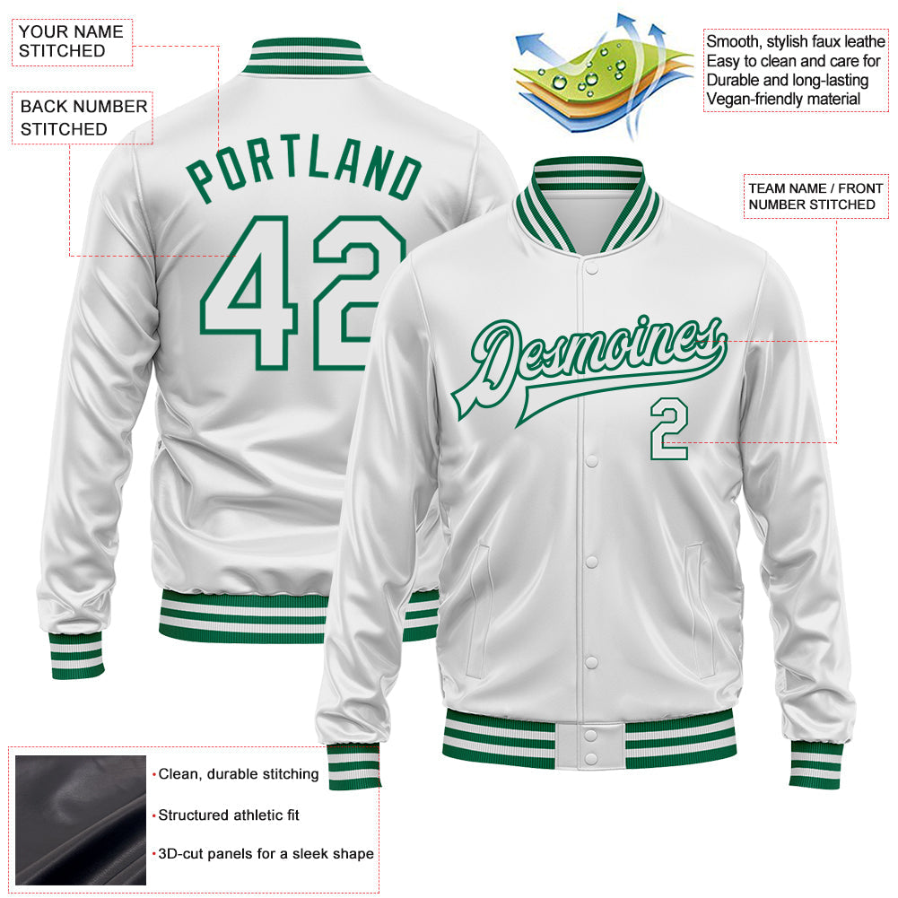 Custom White White-Kelly Green Bomber Full-Snap Varsity Faux Leather Letterman Jacket view 2