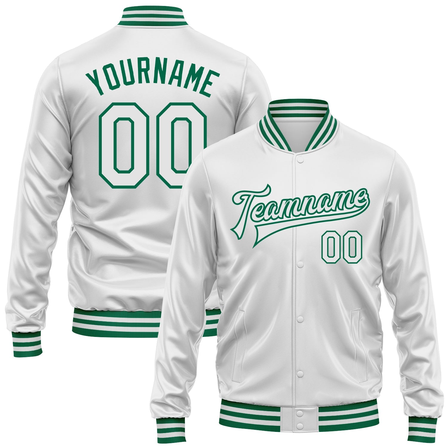 Custom White White-Kelly Green Bomber Full-Snap Varsity Faux Leather Letterman Jacket - Main View