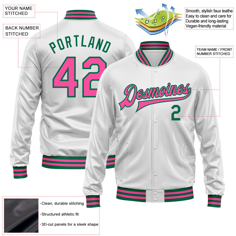 Custom White Pink-Kelly Green Bomber Full-Snap Varsity Faux Leather Letterman Jacket view 2