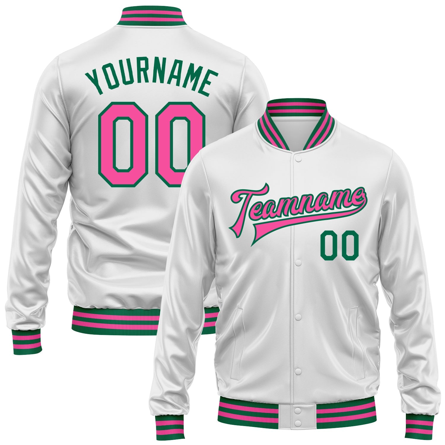 Custom White Pink-Kelly Green Bomber Full-Snap Varsity Faux Leather Letterman Jacket - Main View