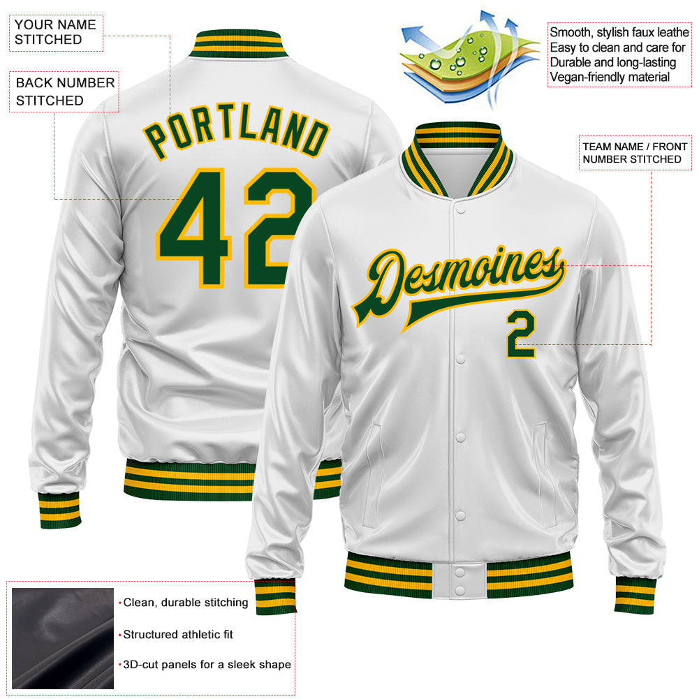 Custom White Green-Gold Bomber Full-Snap Varsity Faux Leather Letterman Jacket view 2