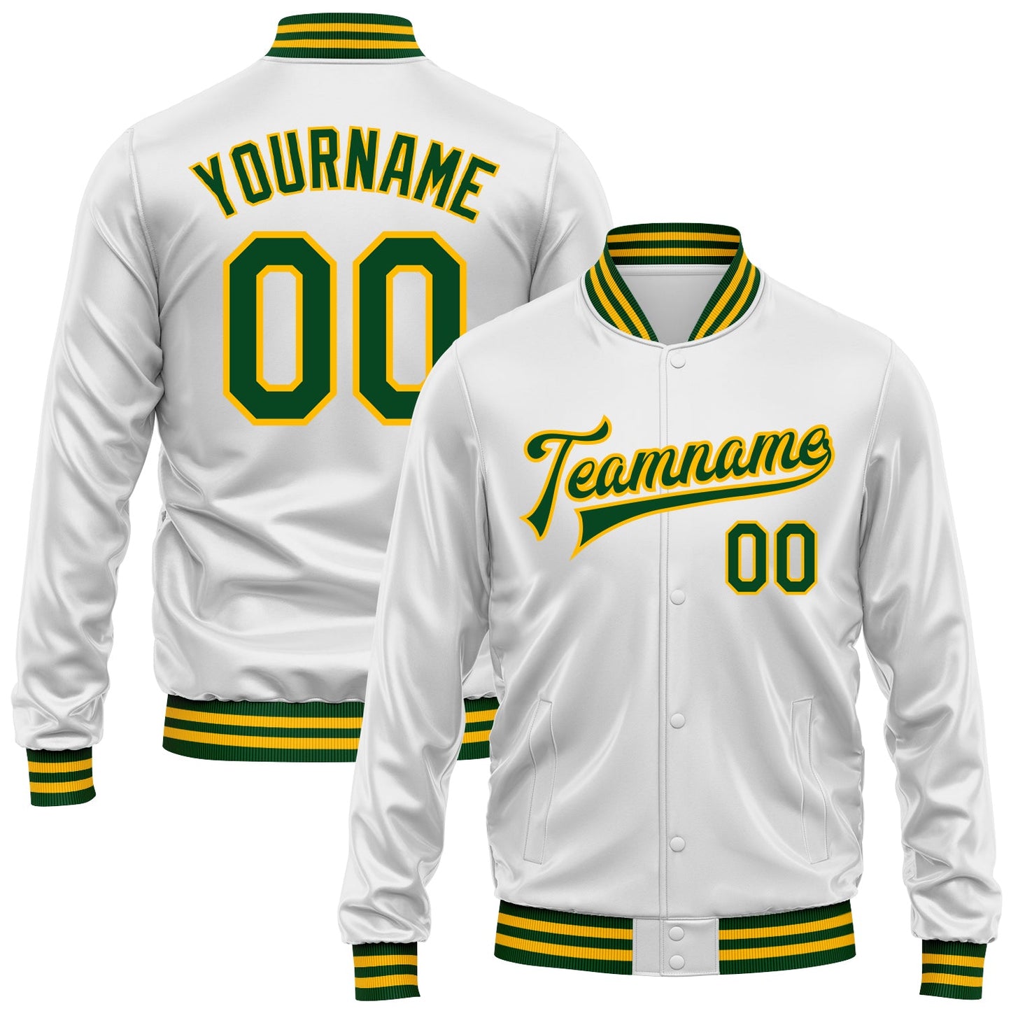 Custom White Green-Gold Bomber Full-Snap Varsity Faux Leather Letterman Jacket - Main View
