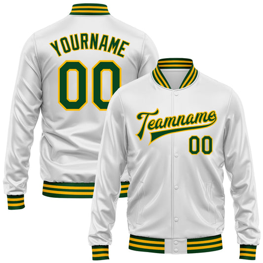 Custom White Green-Gold Bomber Full-Snap Varsity Faux Leather Letterman Jacket - Main View