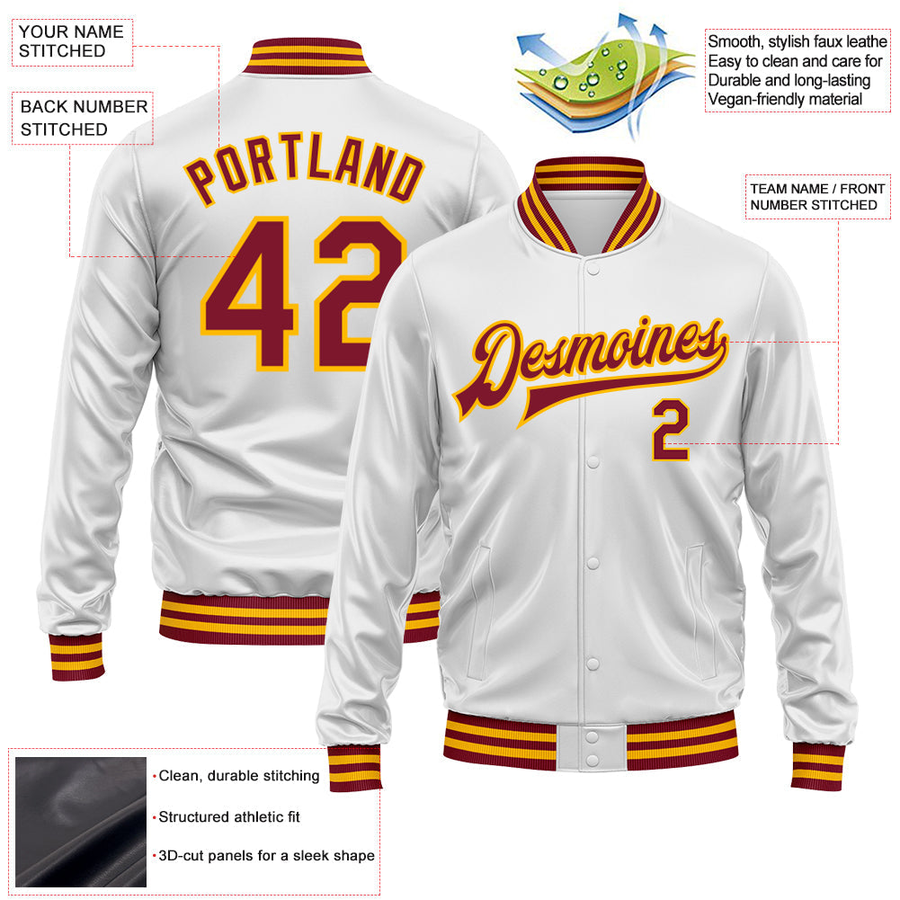Custom White Crimson-Gold Bomber Full-Snap Varsity Faux Leather Letterman Jacket view 2