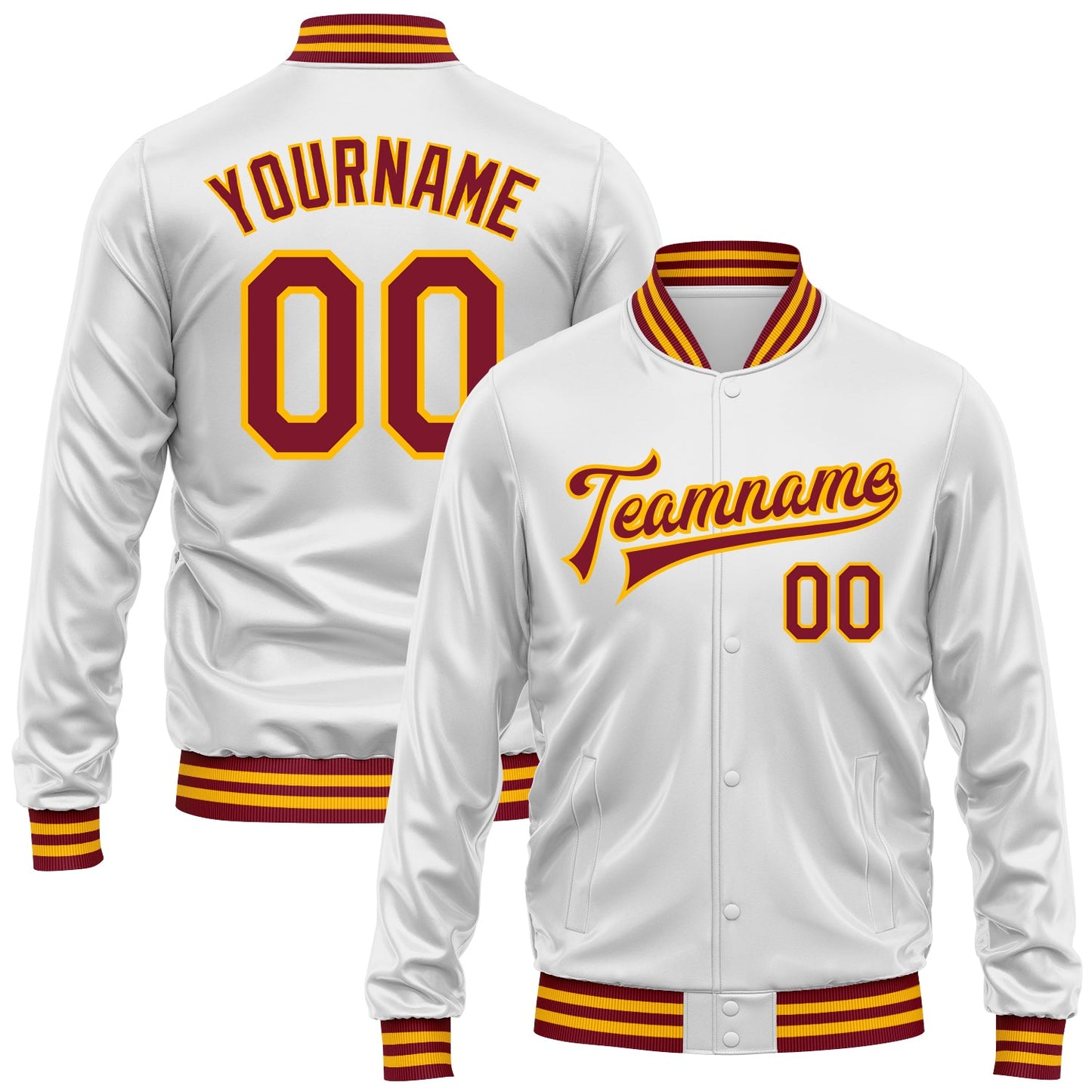 Custom White Crimson-Gold Bomber Full-Snap Varsity Faux Leather Letterman Jacket - Main View