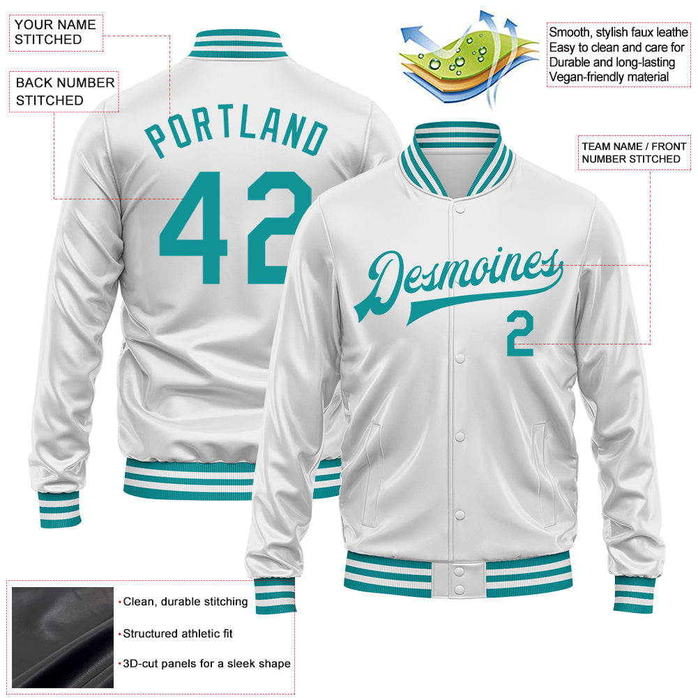 Custom White Teal Bomber Full-Snap Varsity Faux Leather Letterman Jacket view 2