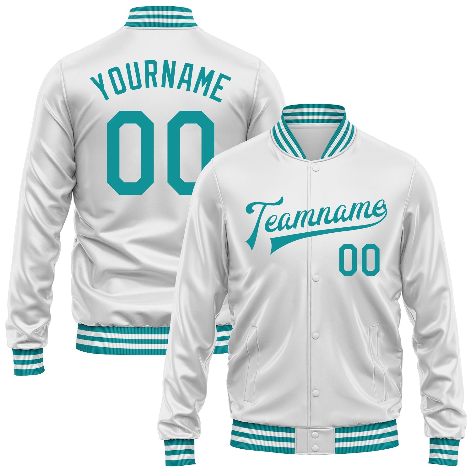 Custom White Teal Bomber Full-Snap Varsity Faux Leather Letterman Jacket - Main View
