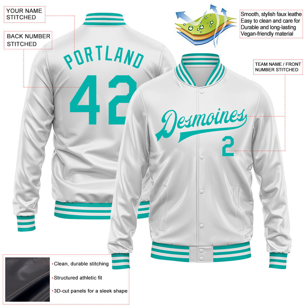 Custom White Aqua Bomber Full-Snap Varsity Faux Leather Letterman Jacket view 2