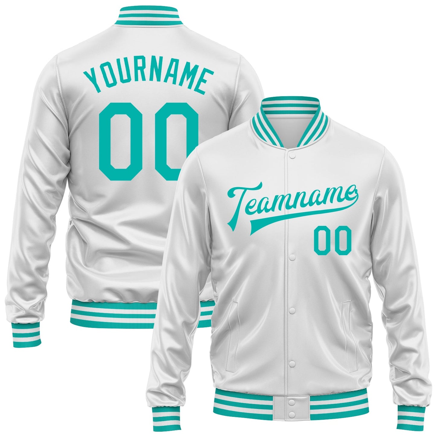 Custom White Aqua Bomber Full-Snap Varsity Faux Leather Letterman Jacket - Main View