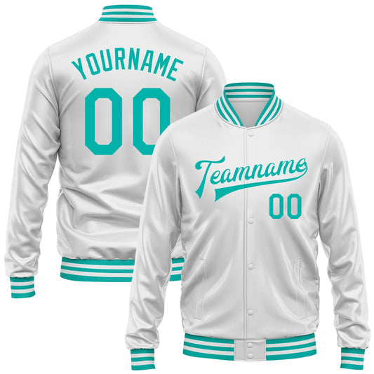 Custom White Aqua Bomber Full-Snap Varsity Faux Leather Letterman Jacket - Main View