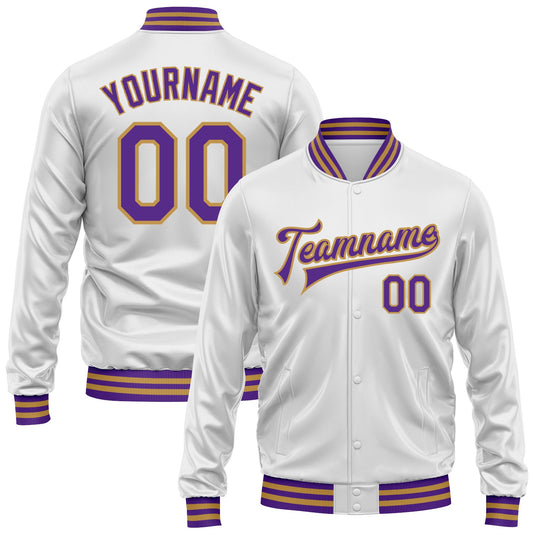 Custom White Purple-Old Gold Bomber Full-Snap Varsity Faux Leather Letterman Jacket - Main View