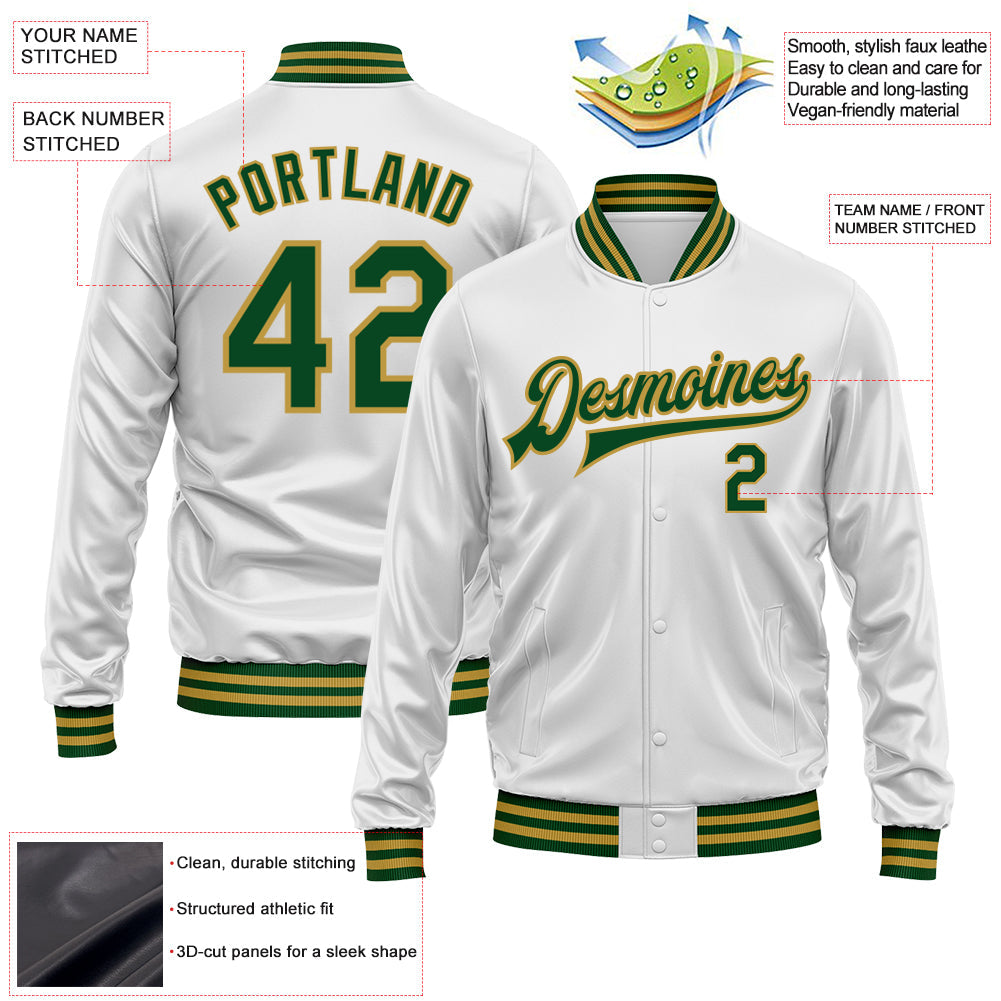 Custom White Green-Old Gold Bomber Full-Snap Varsity Faux Leather Letterman Jacket view 2