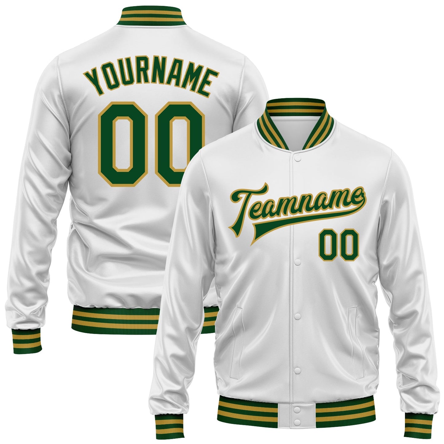 Custom White Green-Old Gold Bomber Full-Snap Varsity Faux Leather Letterman Jacket - Main View