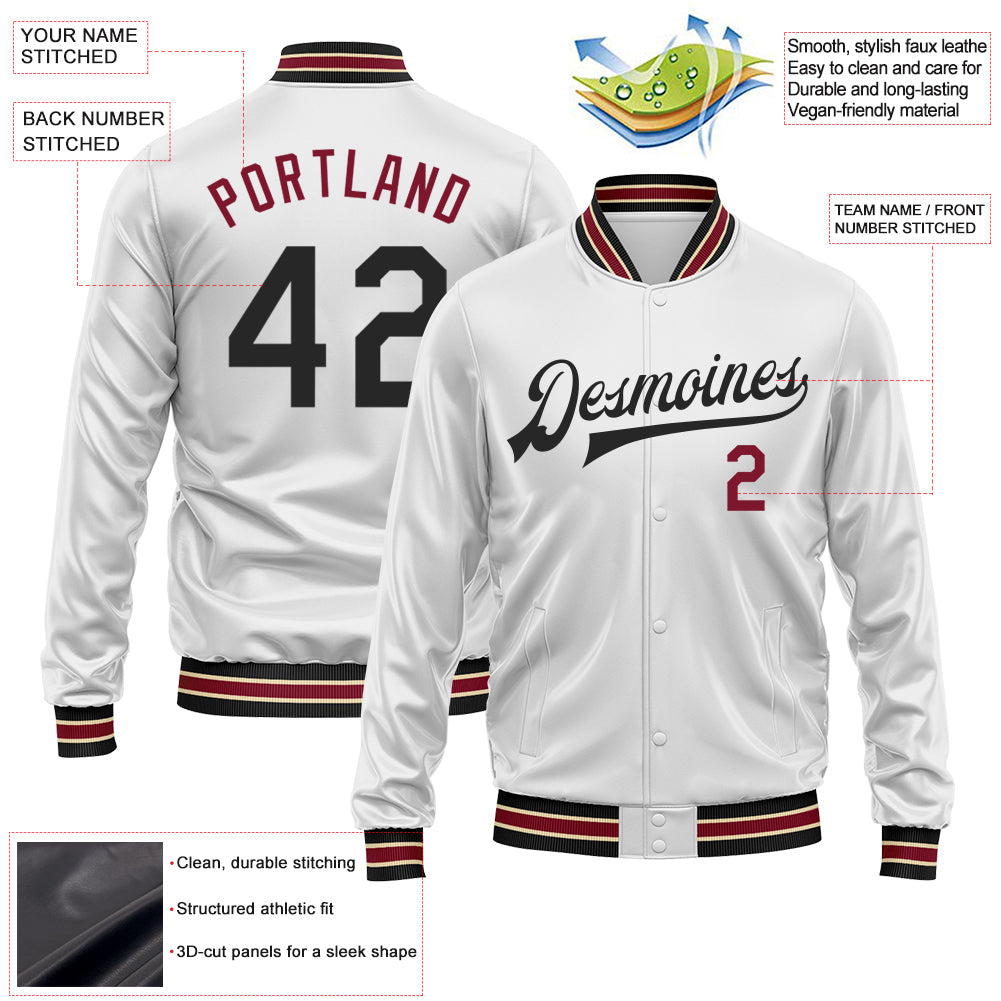 Custom White Black-Crimson Bomber Full-Snap Varsity Faux Leather Letterman Jacket view 2