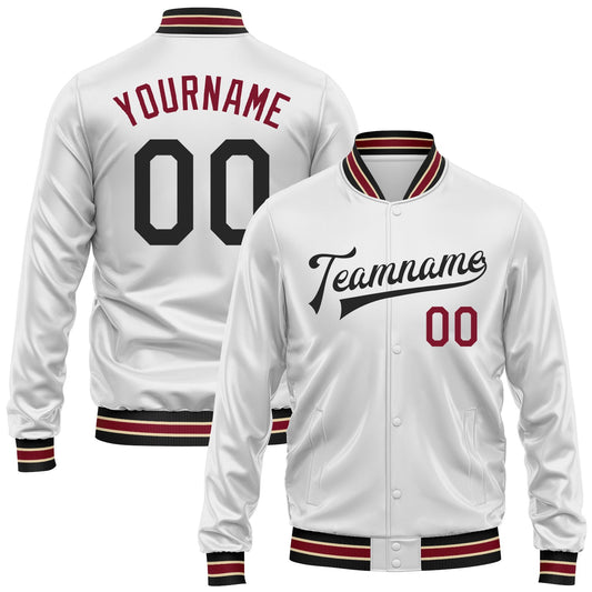 Custom White Black-Crimson Bomber Full-Snap Varsity Faux Leather Letterman Jacket - Main View