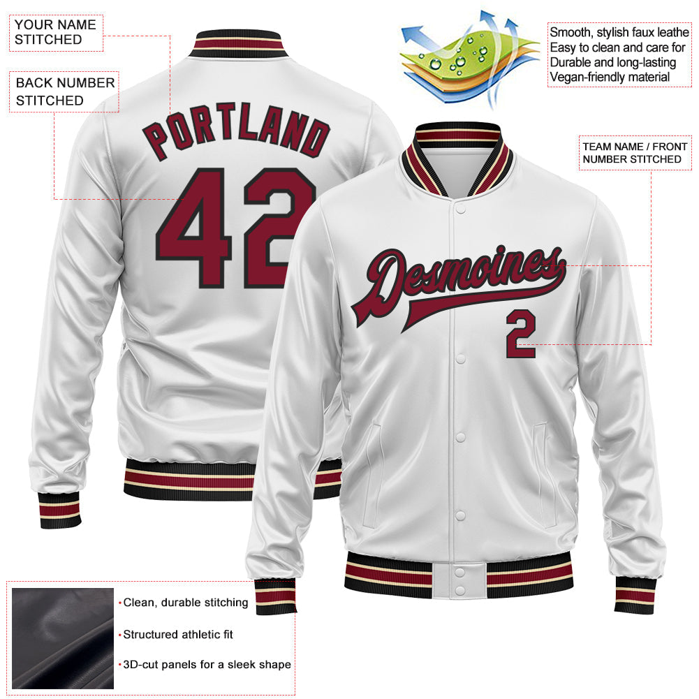 Custom White Crimson-Black Bomber Full-Snap Varsity Faux Leather Letterman Jacket view 2
