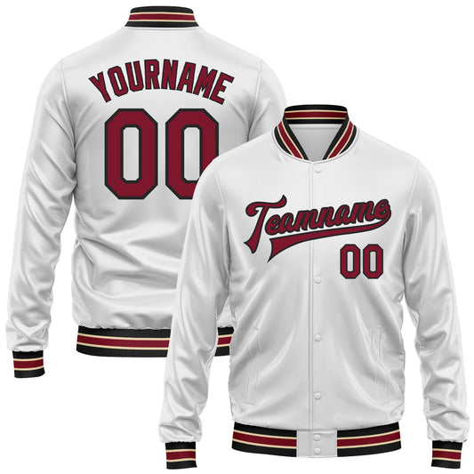 Custom White Crimson-Black Bomber Full-Snap Varsity Faux Leather Letterman Jacket - Main View