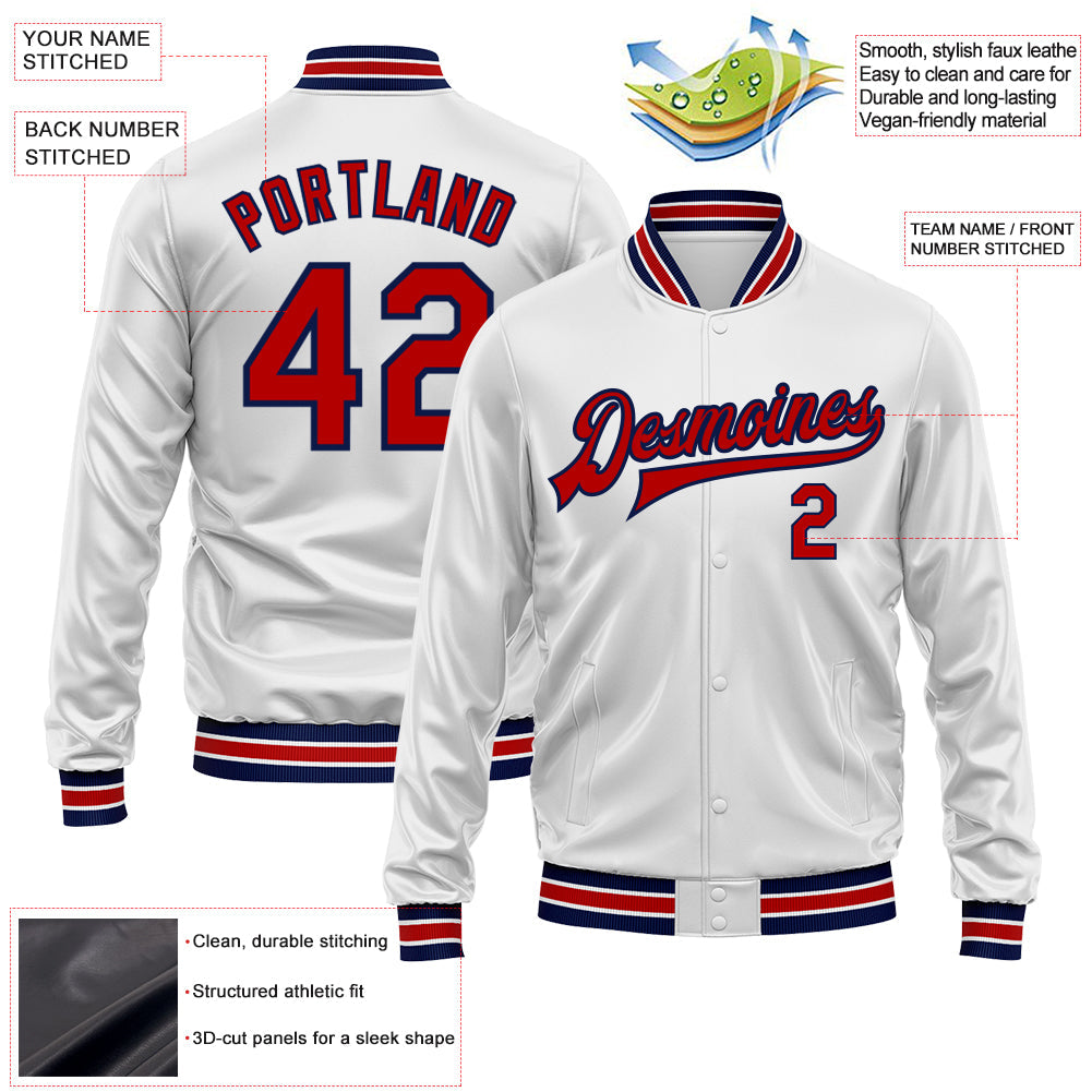 Custom White Red-Navy Bomber Full-Snap Varsity Faux Leather Letterman Jacket view 2