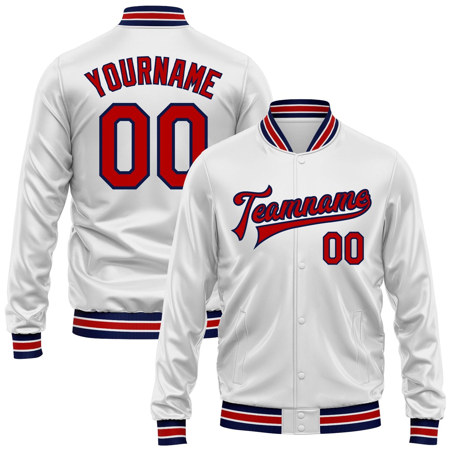Custom White Red-Navy Bomber Full-Snap Varsity Faux Leather Letterman Jacket - Main View