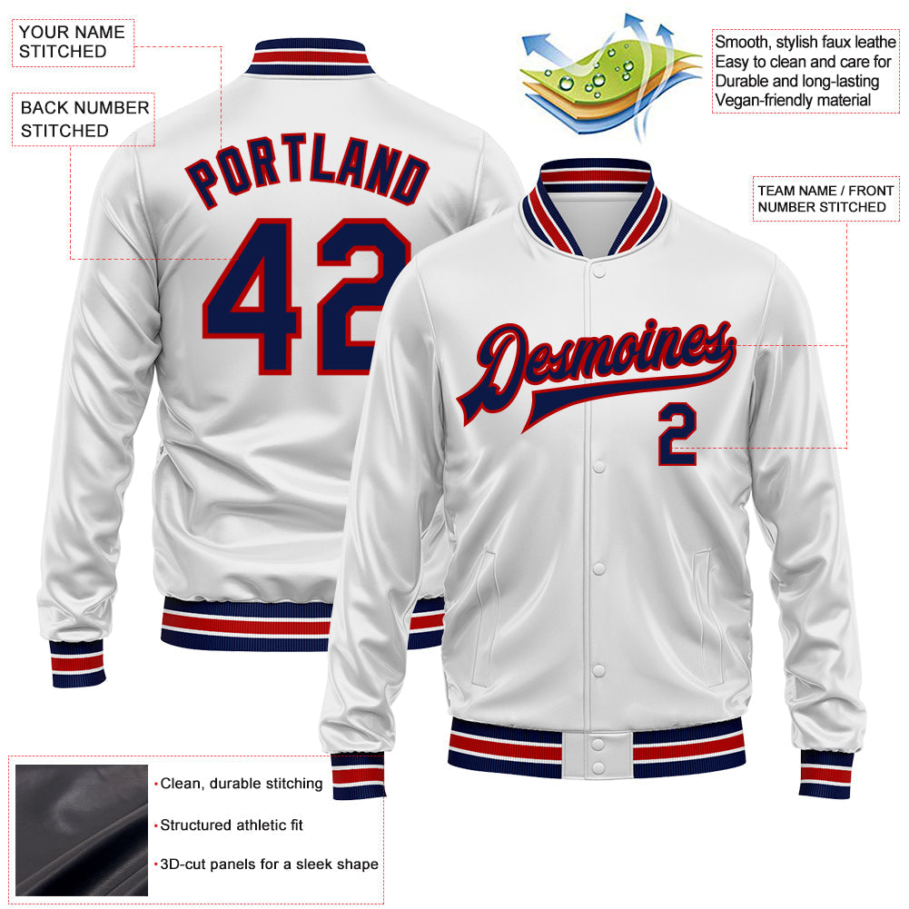 Custom White Navy-Red Bomber Full-Snap Varsity Faux Leather Letterman Jacket view 2