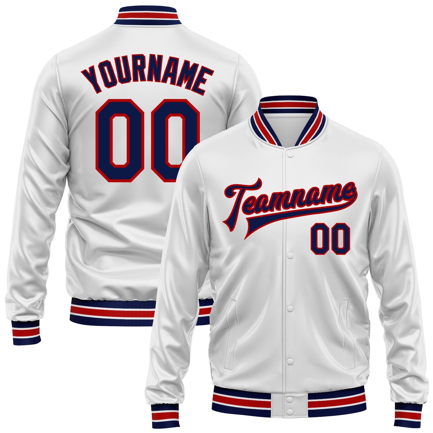 Custom White Navy-Red Bomber Full-Snap Varsity Faux Leather Letterman Jacket - Main View