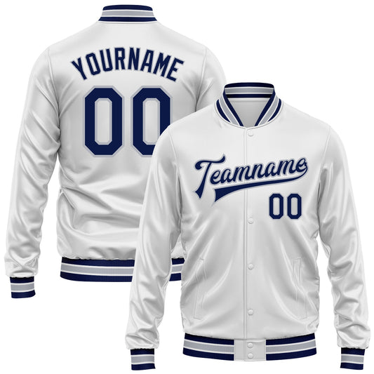 Custom White Navy-Gray Bomber Full-Snap Varsity Faux Leather Letterman Jacket - Main View
