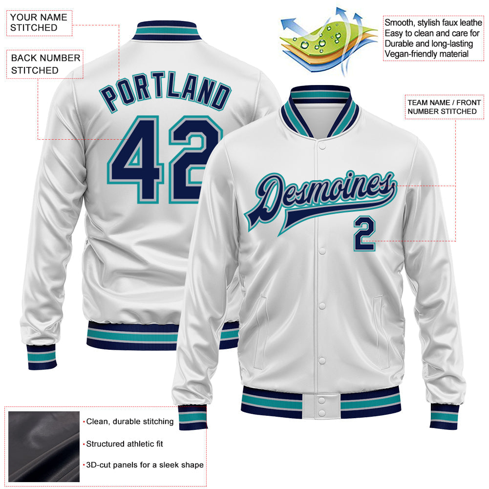 Custom White Navy Teal-Gray Bomber Full-Snap Varsity Faux Leather Letterman Jacket view 2