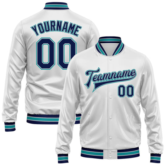 Custom White Navy Teal-Gray Bomber Full-Snap Varsity Faux Leather Letterman Jacket - Main View